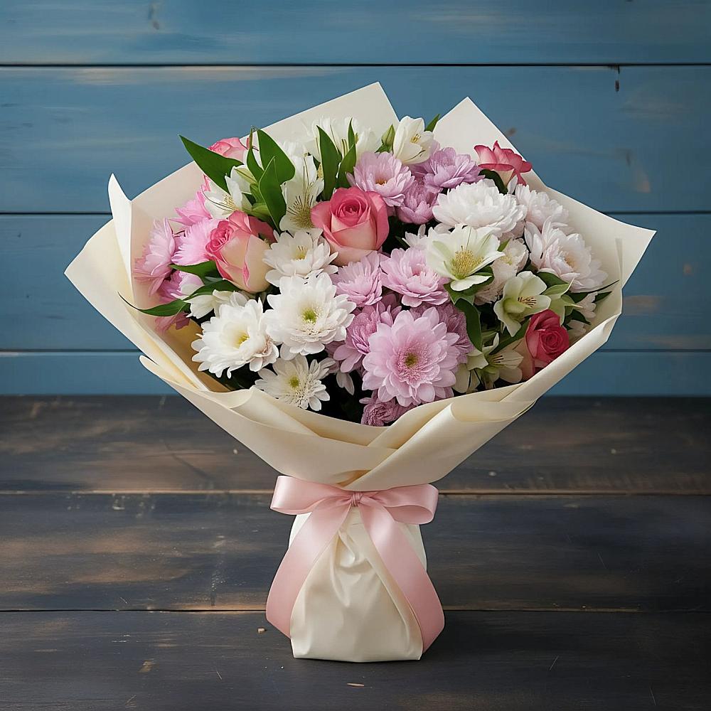 Букет цветов из: Хризантемы, Альстромерии и Розы в Мценске